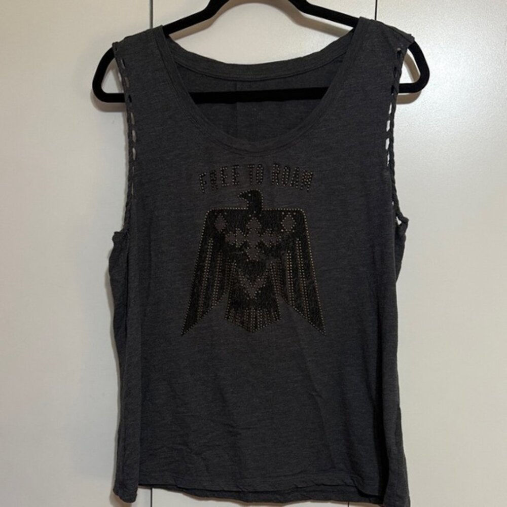 Torrid Charcoal Tank Top with Eagle “Free To Roam” Embossed Metallic Graphic